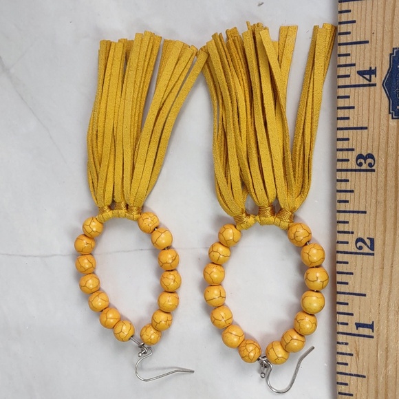 Harvest Yellow Howlite Hoop Earrings w/Suede Tassels - Picture 4 of 4